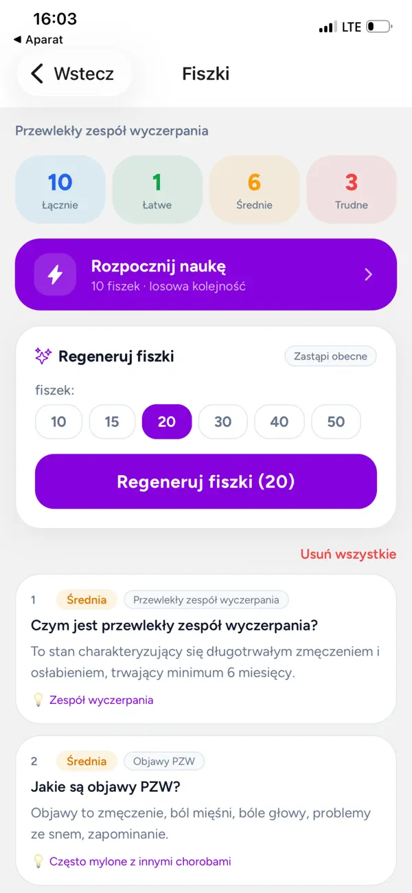 Ekran fiszek w aplikacji StudyScan z podziałem na łatwe, średnie i trudne