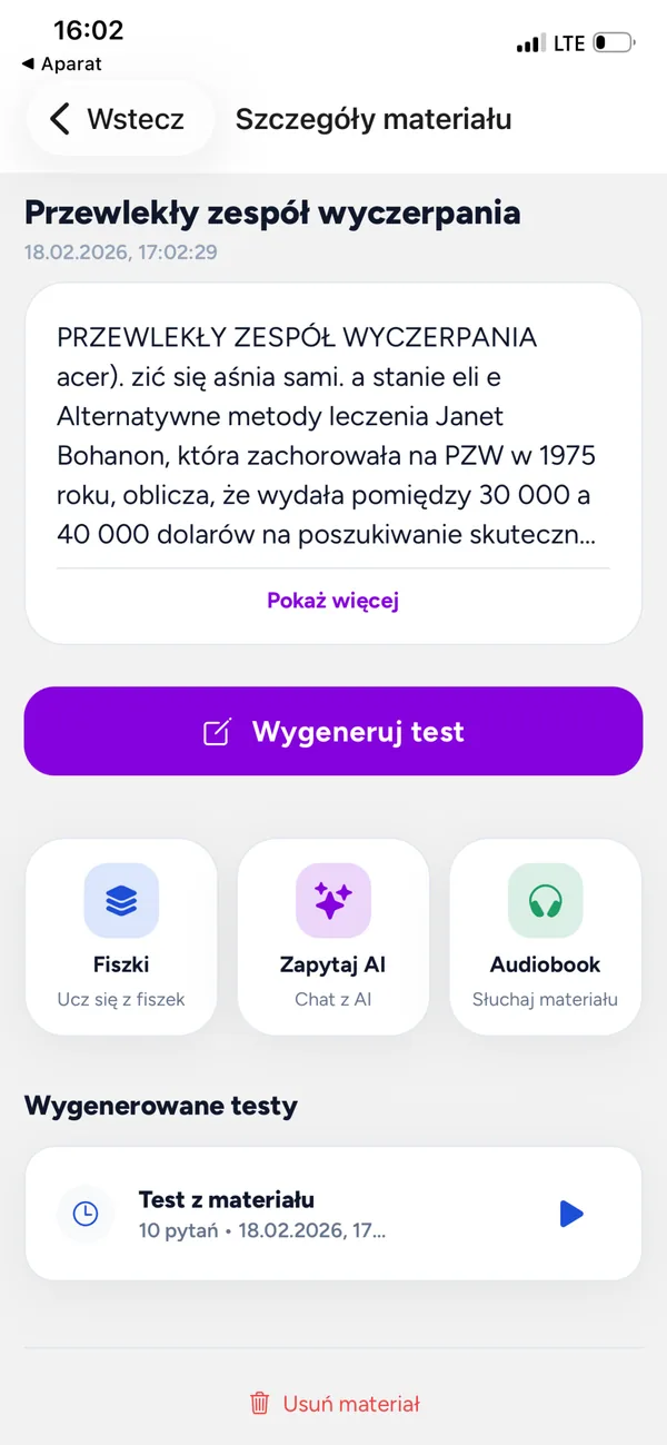 Ekran materiału w aplikacji StudyScan: generowanie testu, fiszki, asystent AI i audiobook