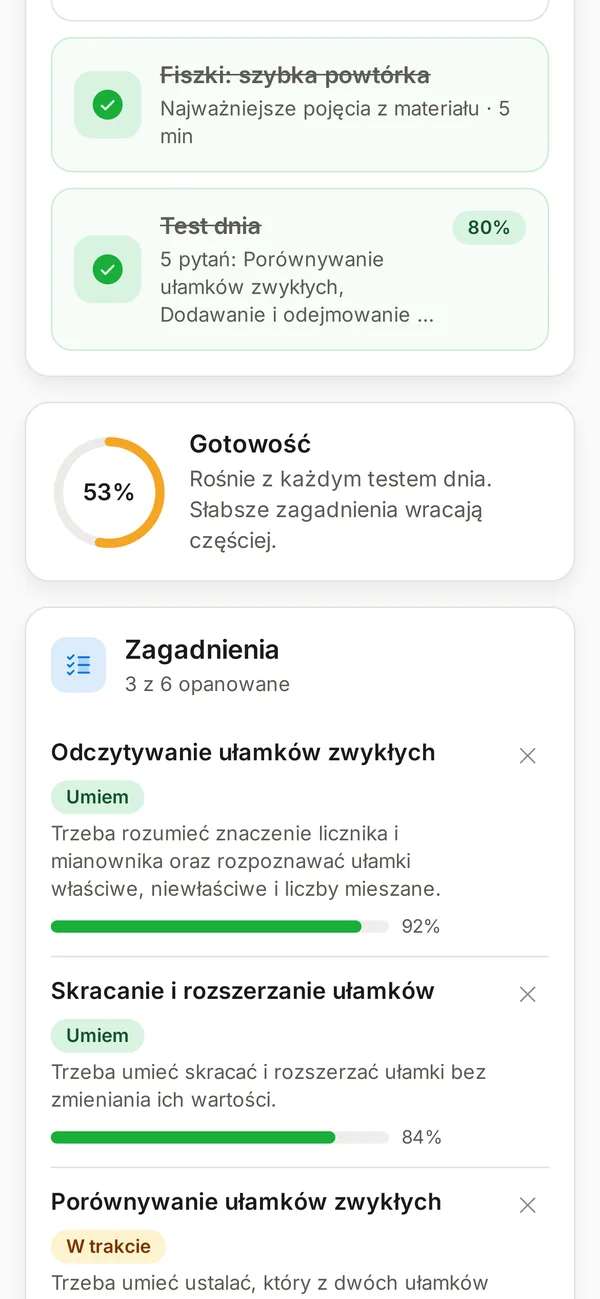 Gotowość do sprawdzianu 53% i opanowanie zagadnień w planie nauki StudyScan