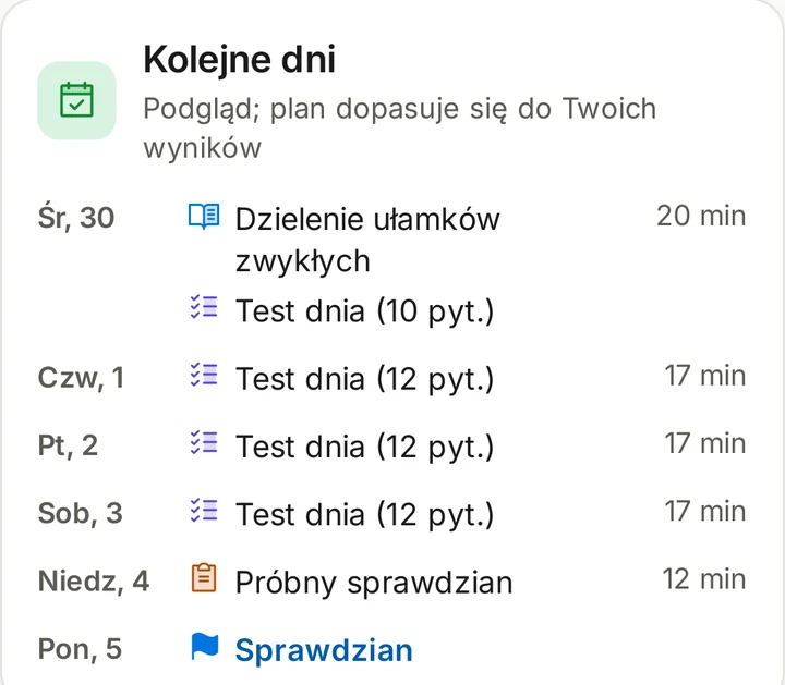 Kolejne dni planu nauki: testy dnia, próbny sprawdzian i sprawdzian