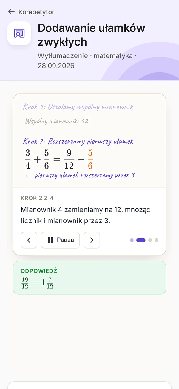 Korepetytor w aplikacji StudyScan tłumaczy dodawanie ułamków krok po kroku na tablicy