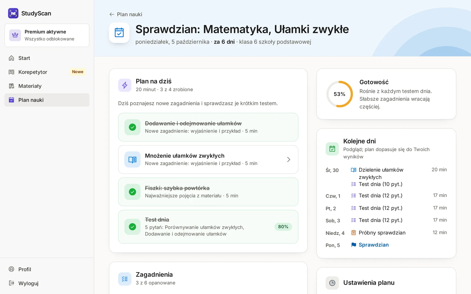 Plan nauki do sprawdzianu z ułamków w panelu StudyScan: plan na dziś, gotowość i kolejne dni