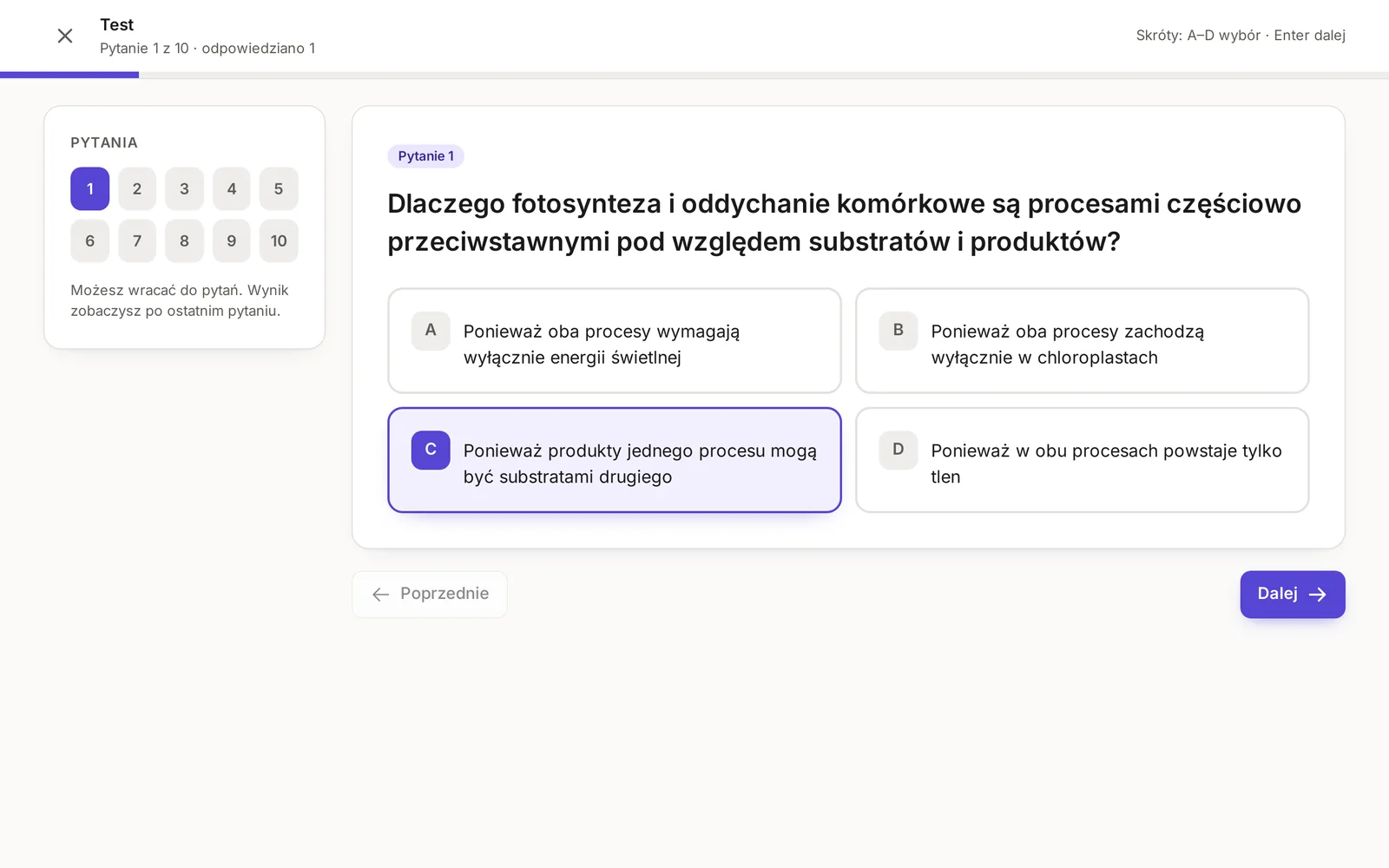 Test z notatek o fotosyntezie w panelu StudyScan w przeglądarce