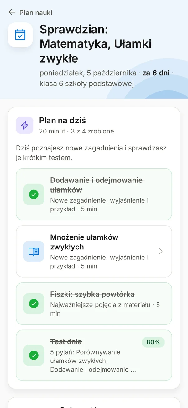 Plan nauki w aplikacji StudyScan: sprawdzian z matematyki za 6 dni, plan na dziś i odhaczone zadania