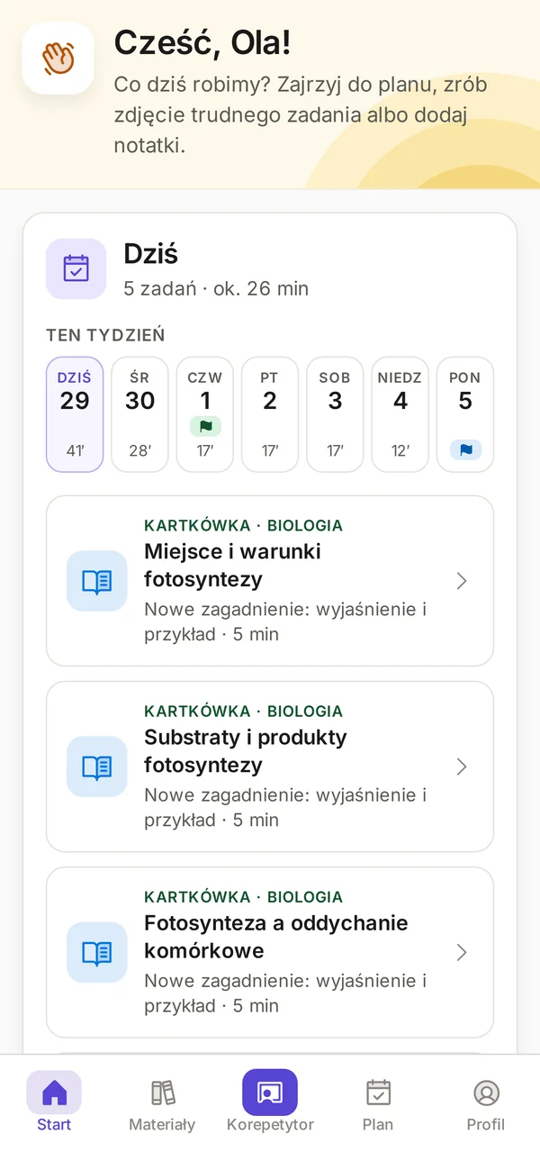 Ekran Start w aplikacji StudyScan: zadania na dziś i plan tygodnia