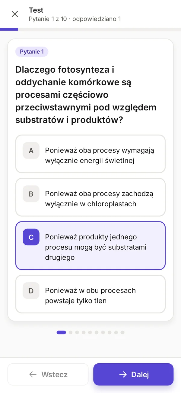 Test z notatek o fotosyntezie w aplikacji StudyScan, pytanie 1 z zaznaczoną odpowiedzią